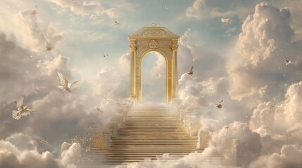 Golden stairway to heaven with arched gate and flying dove through soft clouds. Spiritual journey, eternal peace, and sacred path concept for religious design.