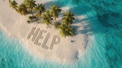 Aerial view of a deserted island with help written in sand. Desperate situation and request for urgent assistance. Survival concept.