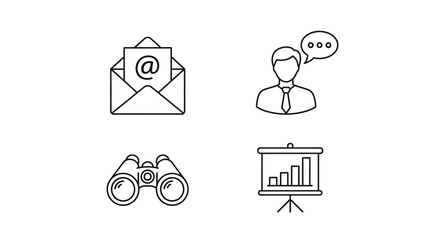 Fototapeta premium Vector illustration of business and marketing outline icons email, communication, search, and presentation symbols for business strategy, customer relationship management, and marketing