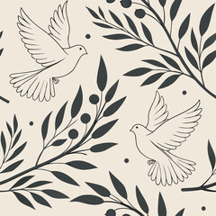 Peace Themed Seamless Pattern with Olive Branches and Symbols