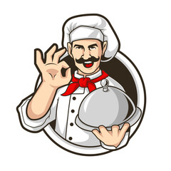 Chef Mascot Holding Serving Tray Giving OK Hand Sign