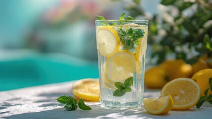 Fototapeta premium Glass of refreshing lemonade with lemon slices and mint leaves. Healthy summer drink to quench thirst by the pool. Outdoor relaxation concept.
