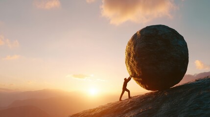 Man pushing stone uphill on mountain at sunset. Concept of hard work, challenge, and determination for business inspiration.
