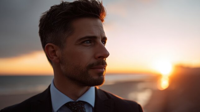 Caucasian man in suit profile face at sunset. Successful businessman or entrepreneur concept outdoor. Leadership and aspiration theme.