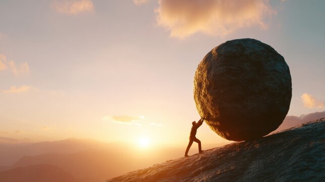 Man pushing stone uphill on mountain at sunset. Concept of hard work, challenge, and determination for business inspiration.