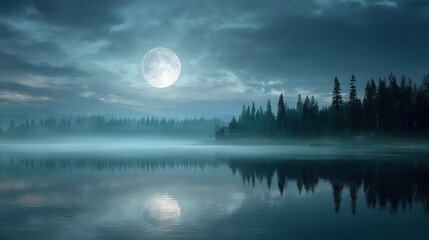 Full moon reflecting on a foggy lake with a forest on the horizon. Ethereal night landscape for relaxation and nature inspiration with mystic atmosphere.