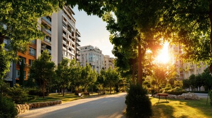 Fototapeta premium City park with apartment buildings and sun rays through green trees. Urban green space concept for outdoor relaxation.