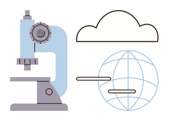 Microscope alongside a cloud and globe symbolizing scientific research, data storage, and worldwide networks. Ideal for science, innovation, education, technology, research, analytics progress