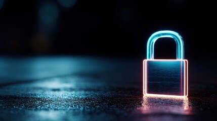 Fototapeta premium A digitally rendered padlock with glowing neon edges on a dark, textured surface, representing digital security, data protection, and internet privacy concept.