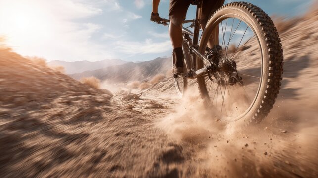 Man mountain biking downhill on a dusty desert trail. Extreme cycling in a rugged landscape at sunset with dust cloud. - Powered by Adobe