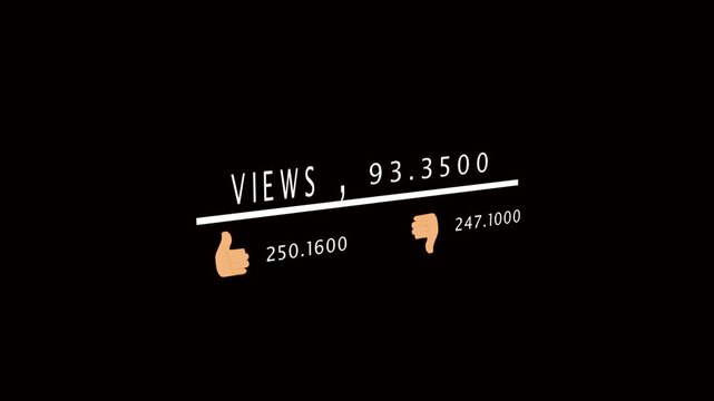 Social Media Views and Likes Dislikes Indicator with Numbers on animation Black Background. Views and likes counter, social media stats, dislike icon with numbers, modern digital layout.