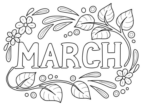 March month coloring page. Hand drawn doodle vector. Spring tree branches with leaves and flowers. Line art illustration. Coloring book for children and adults.
