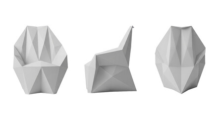 Modern white polygonal armchair in three views for avant-garde and futuristic interior design