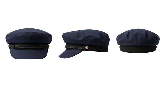 Dark blue captain mariner or chauffeur hat with visor in three different views for uniform