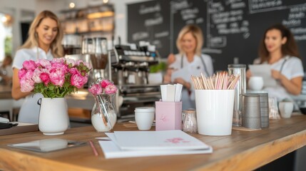 inspiring creative space filled with sketchbooks, coffee cups, and a team of designers brainstorming ideas for a new project, with a chalkboard wall covered in notes