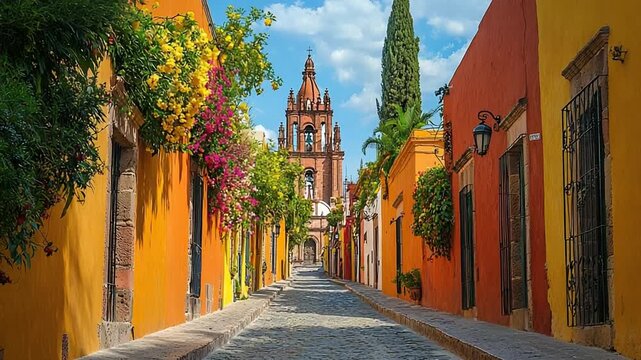 san miguel de allende street with colorful houses at la parroquia video