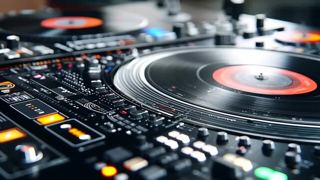 Dynamic close-up of a DJ setup with turntables, mixer controls, glowing buttons, and vinyl