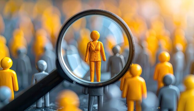 Magnifying glass highlights one person from a diverse crowd of figures.