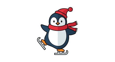 Cartoon penguin wearing a hat and scarf ice skating.