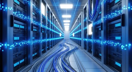 Data center server room showcases a vast array of hardware, network cables, and servers providing data storage. Data center infrastructure offers a complex system for processing information,