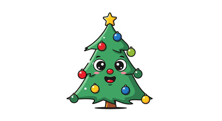 A cheerful cartoon Christmas tree with ornaments, a star, and a smiling face.