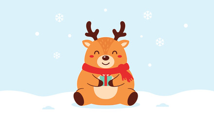 Cute cartoon reindeer with a red scarf holding a gift in the snow.