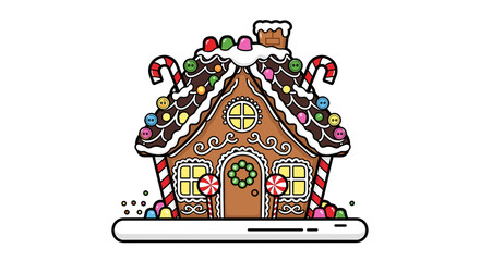 Fototapeta premium A festive cartoon gingerbread house decorated with colorful candy, sweets, and icing for the Christmas holiday, isolated on a white background.