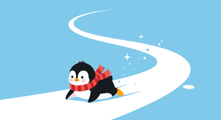 A cute cartoon penguin wearing a red scarf slides down a snowy path with sparkles.