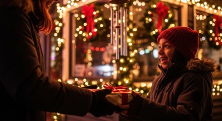 Obraz premium Christmas present exchange with family members outside decorated store. Christmas present for loved ones is such a beautiful tradition, bringing people closer and sharing happiness.