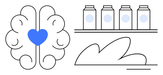 Brain design with heart symbol representing emotion paired with jars on a shelf and abstract shapes suggesting calmness, order, and focus. Ideal for wellness, mindfulness, balance, organization