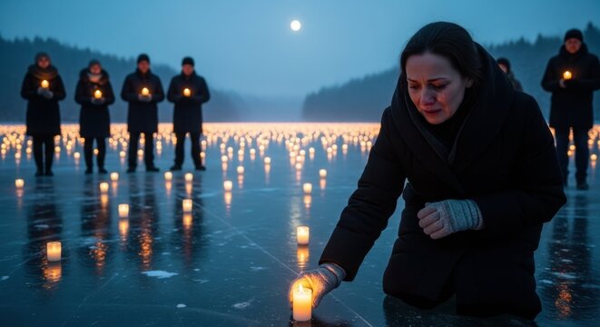 Candlelight vigil ceremony on frozen lake at night, with people in background holding candles. Candlelight vigil signifies remembrance, mourning and solidarity.