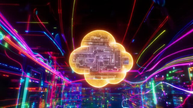 Futuristic Cloud Computing Network with Neon Data Streams
