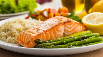 glowing plate of grilled salmon, asparagus, and quinoa served with a side of lemon