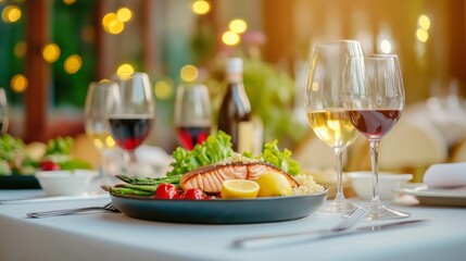 glowing plate of grilled salmon, asparagus, and quinoa served with a side of lemon