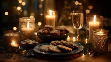 Naklejka premium Cozy Christmas Table with Cookies, Champagne and Candles 