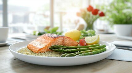 glowing plate of grilled salmon, asparagus, and quinoa served with a side of lemon, sitting on a neatly set table with warm lighting