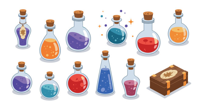 Magical potion bottles collection with wooden chest for fantasy games and designs