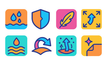 Synthetic Performance Icons. Synthetic performance icons set icons in flat icons: water resistant, durable, lightweight, stretchable, quick dry, flexible, breathable, easy clean.