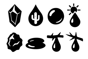 Desert Sap Icons. Desert sap set silhouette set: dry resin crystal, cactus sap drop, sticky translucent bead, resin under sun, hardened amber flake, small desert sap pool, sap on