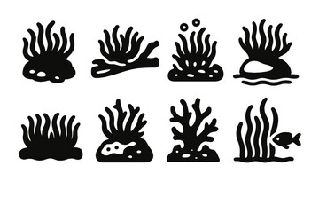 Fototapeta premium Underwater Moss Icons. Aquatic moss set silhouette set: underwater moss clump, moss on driftwood, moss with bubbles, moss on river rock, freshwater moss mat, moss on coral fragment