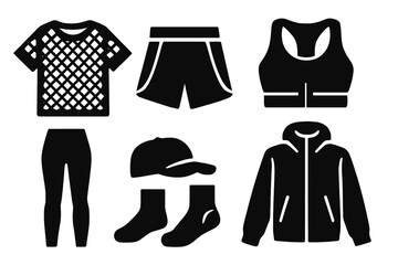 Fototapeta premium Bold Athletic Icons. Breathable clothing set silhouette set: mesh t-shirt, running shorts, sports bra, lightweight jacket, leggings, cap, socks, sneakers.
