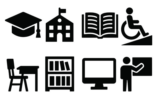 Educational Equity Icons. Educational Equity silhouette set: graduation cap, school building, open book, wheelchair ramp, classroom desk, library shelf, computer screen, teacher