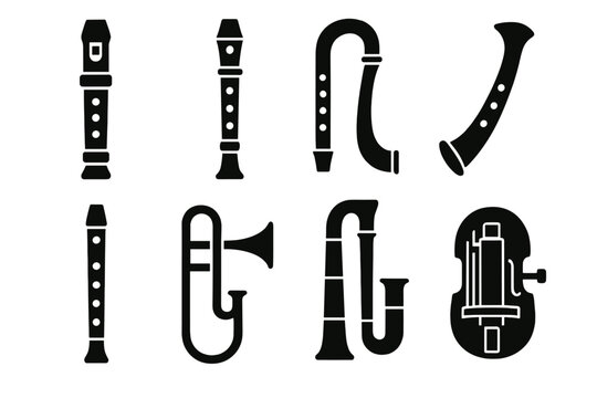 Renaissance Instruments Icons. Renaissance wind instruments silhouette set: recorder, shawm, crumhorn, cornett, flute, sackbut, dulcian, hurdy-gurdy.