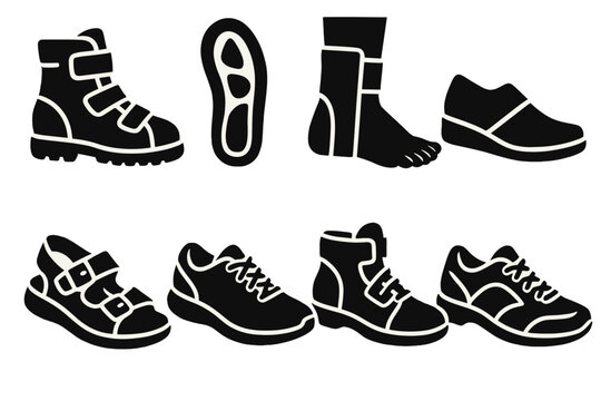 Orthopedic Gear Icons. Orthopedic heel gear silhouette set: corrective shoe, gel insert, ankle brace, wedge lift, supportive sandal, comfort sneaker, heel stabilizer, arch shoe.