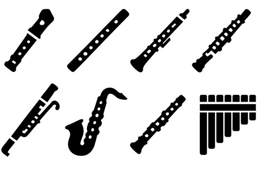 Woodwind Instrument Icons. Woodwind family set silhouette set: recorder, flute, clarinet, oboe, bassoon, saxophone, piccolo, pan flute.