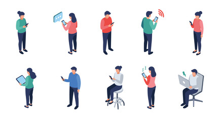 Diverse people engaged with technology in isometric style
