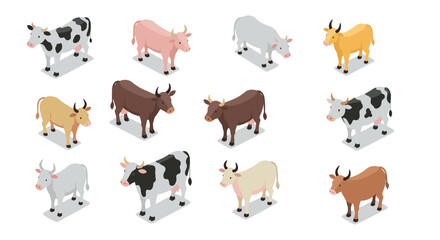 Isometric cartoon cows: diverse breeds in playful 3d style