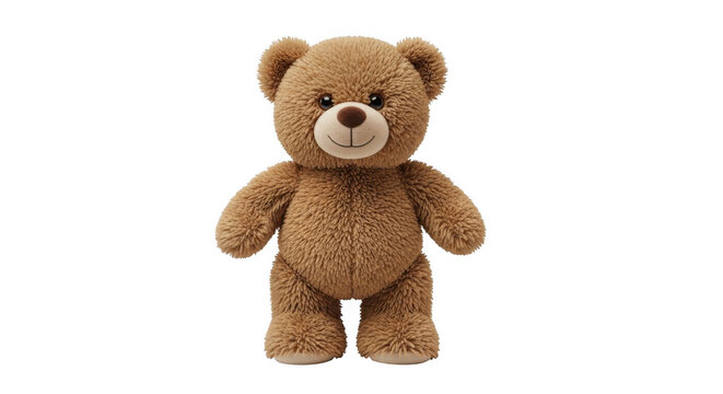 A fluffy brown teddy bear toy standing upright isolated on transparent background