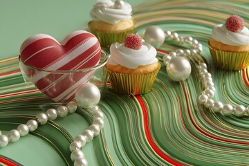 Romantic cupcakes with heart shaped candy and pearls on pastel background