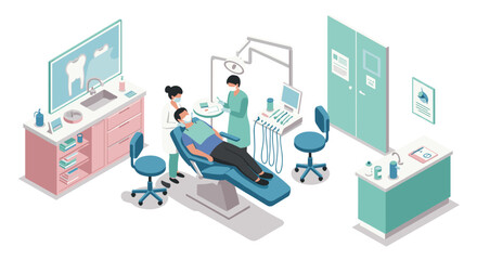 Isometric dental clinic scene with dentists and patient in a modern setting